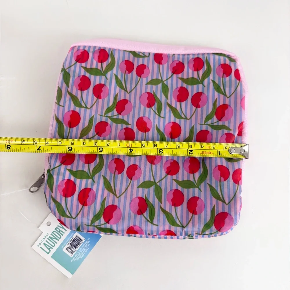 Foldable Zip Pouch Travel Cherry Blue Pinstripes Wash Me Laundry Bag New NWT